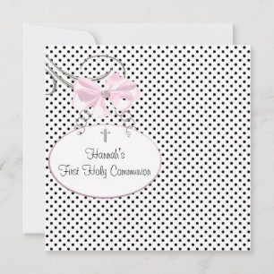 Rosa Black Polka Dot Kor Girls First Communion Inbjudningar