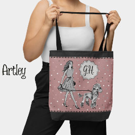 Rosa Black Polka Dot Woman Pudel Monogram Initial Tygkasse