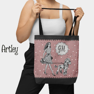 Rosa Black Polka Dot Woman Pudel Monogram Initial Tygkasse