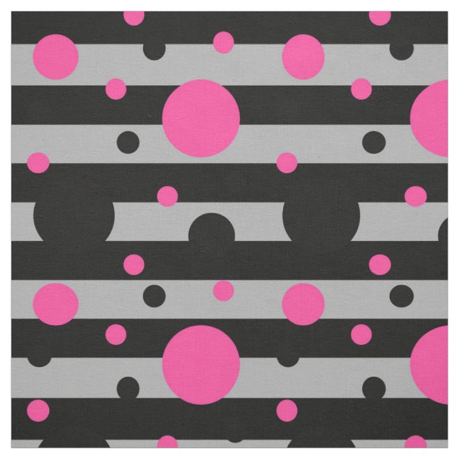 Rosa Black Polka dots på Black Grått Rand Tyg (Provkarta)