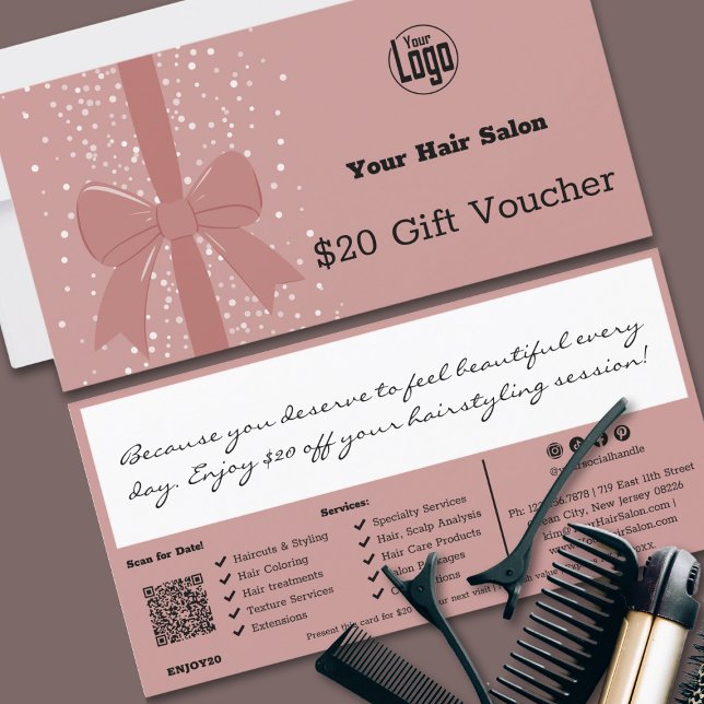 Rosa Black QR-kod Salon Note Gift-kupongkort (Pink Black QR Code Salon Note Gift Voucher Card, Ribbon)