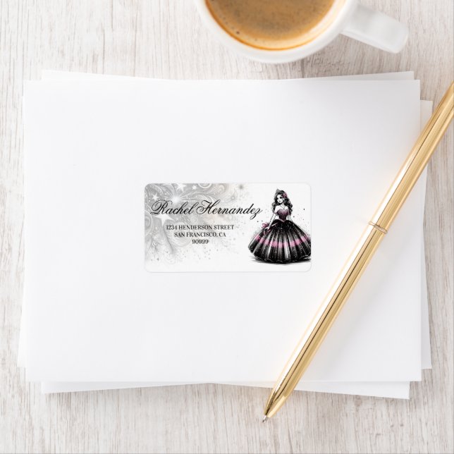 Rosa & Black Quinceañera Girl Adressetikett (Insitu)