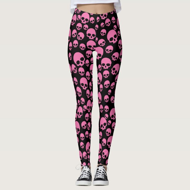Rosa Black Random Döskallar Mönster Leggings (Framsida)