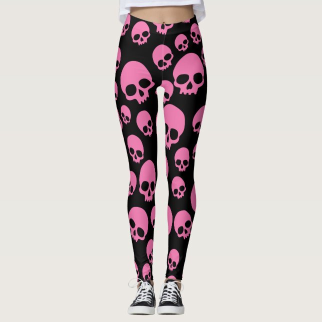 Rosa Black Random Döskallar Mönster Leggings (Framsida)