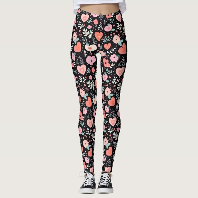Rosa Black Retro Flower Leggings (Framsida)
