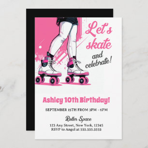 Rosa & Black Roller Skate Skate Birthday Inbjudningar