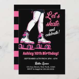 Rosa & Black Rollerblade Skal Birthday Inbjudningar