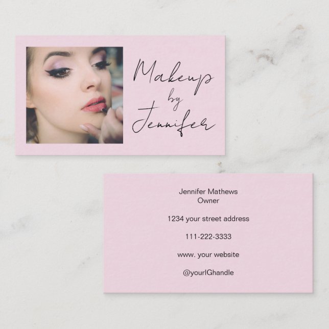  Rosa Black Script Photo Makeup Visitkort (Fram/baksida)