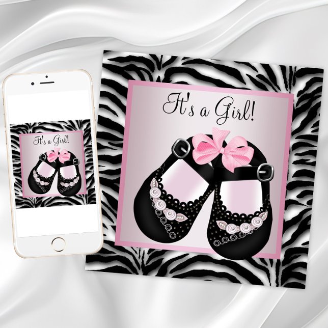 Rosa Black Shoes Rosa Zebra Baby Shower Inbjudningar (Girl zebra baby shower invitations with shoes. Instant download and printed invitations available.)