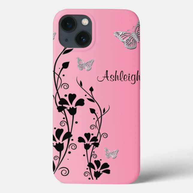 Rosa Black Silver Butterfly Blommigt iPad Air Case (Baksida)