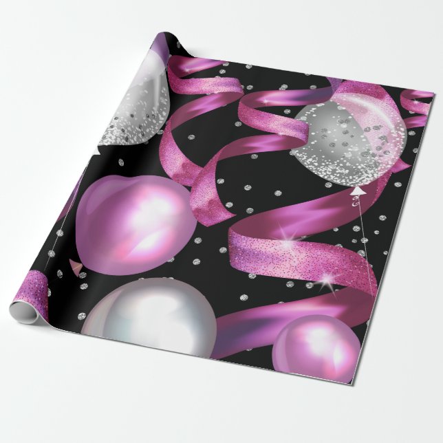 Rosa Black Silver Glitter Sweet 16 Födelsedagsfest Presentpapper (Utrullad)