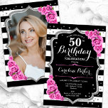 Rosa Black Silver Photo 50:e födelsedagen Inbjudningar<br><div class="desc">Femininininbjudan till elegantens blommigt på 50 års födelsedag med ditt foto på baksidan av kortet. Glam svartvit rosa design med faux glitter silver. Innehåller svart och vitt rand, rosa ros, skript och konetti. Perfekt för en snyggt vuxen under firande party. Anpassa med dina egna detaljer. Kan anpassas för vilken ålder...</div>