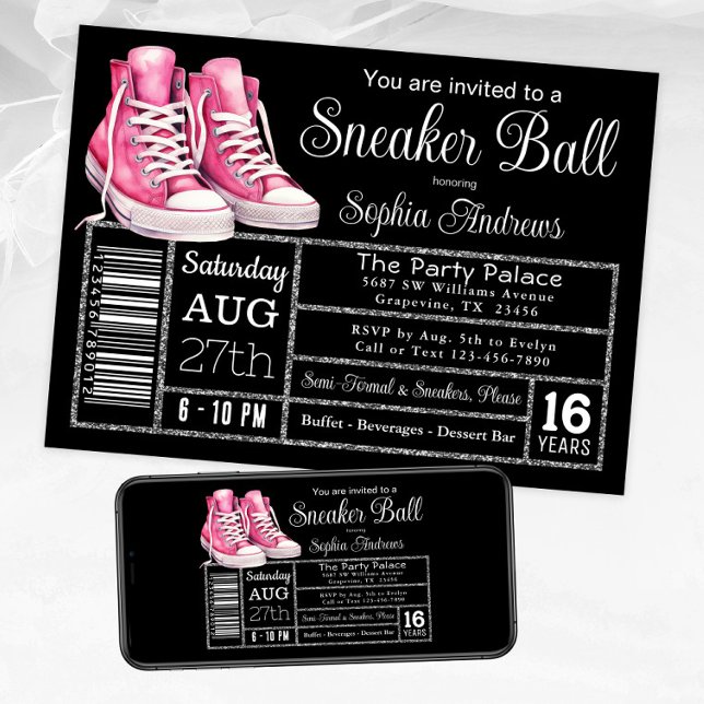Rosa Black Sneaker Boll Födelsedagsfest Shoe Label Inbjudningar (Pink sneakers sneaker ball invitation. Available for instant download and print.)