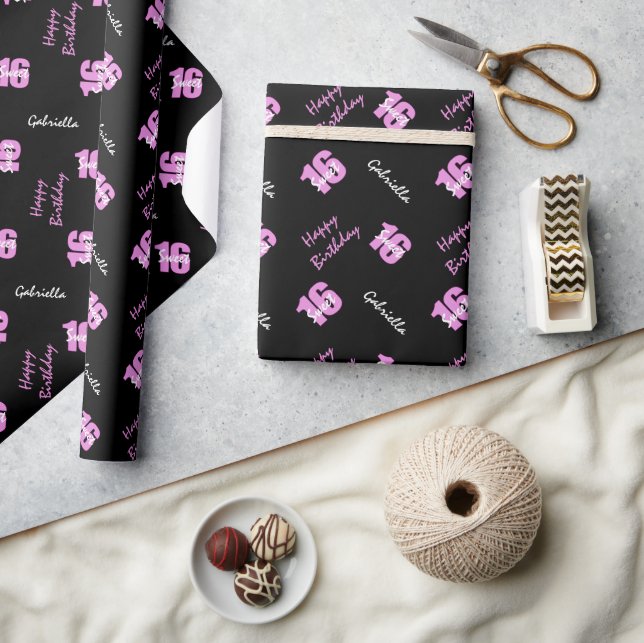 Rosa Black Sweet 16 Personligs Wrapping Papper Presentpapper (Hantverk)
