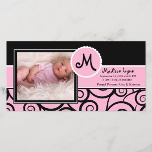 Rosa & Black Swirl Flicka Birth Meddelande