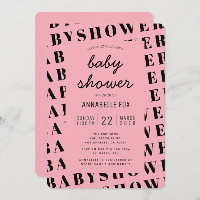 Rosa Black Trendig Modern Baby Shower-inbjudan Inbjudningar (Fram/baksida)