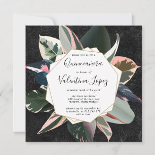 Rosa Black Tropical Modern Quinceanera Inbjudningar