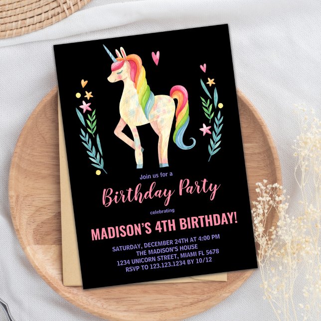 Rosa Black Unicorn Birthday-inbjudningar Inbjudningar (Pink Black Unicorn Birthday Invitations)