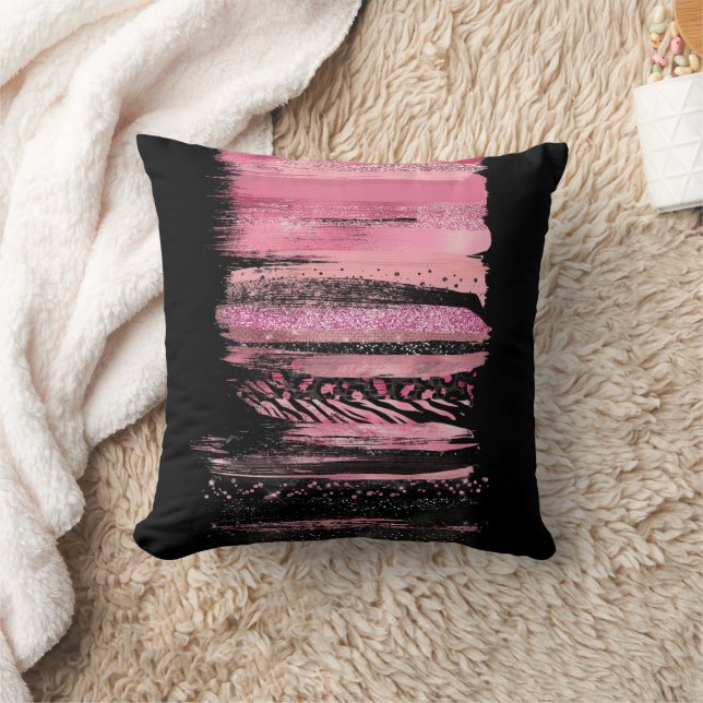 Rosa Black Watercolor Glitter Foil Paint Strokes Kudde (Filt)