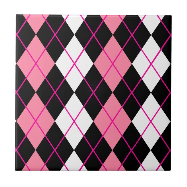 Rosa Black White Argyle Diamond Design Kakelplatta (Framsidan)