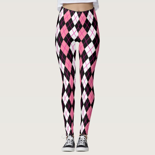 Rosa Black White Argyle Diamond Design Leggings (Framsida)