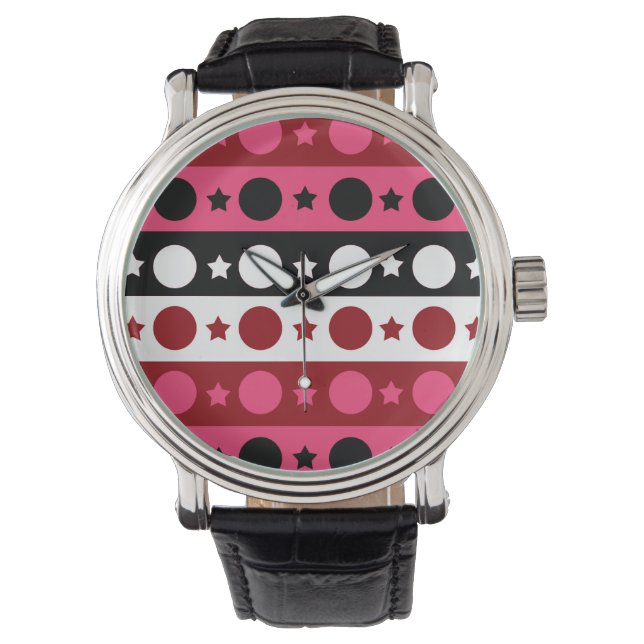 Rosa Black White Circle Stars Rand Design Armbandsur (Framsida)