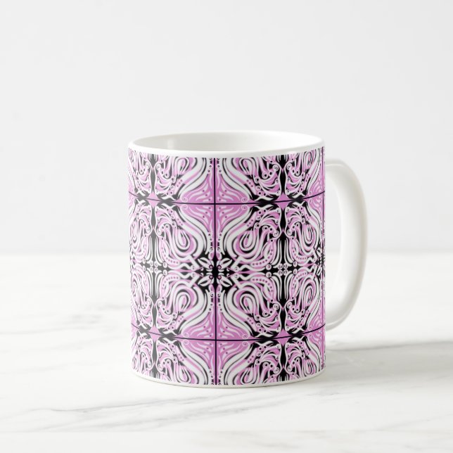 Rosa Black White Curvy Abstrakt Upprepa Mönster Kaffemugg (Framsida höger)