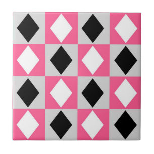 Rosa Black White Geometric Rhombus Diamond Kakelplatta