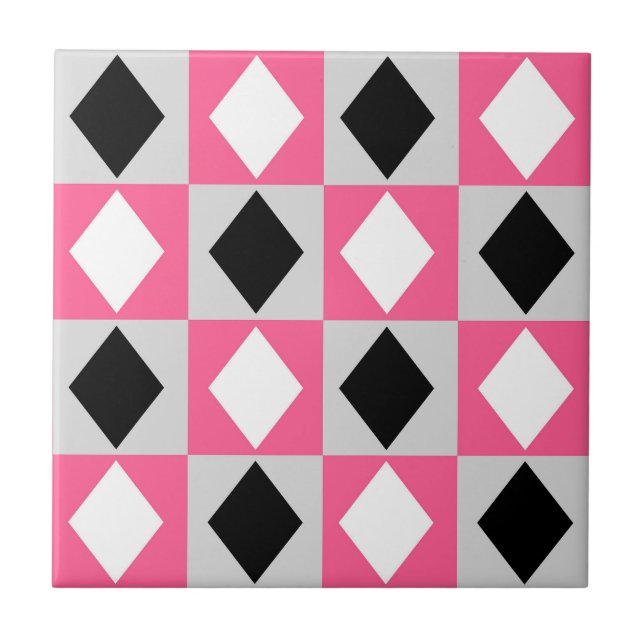 Rosa Black White Geometric Rhombus Diamond Kakelplatta (Framsidan)
