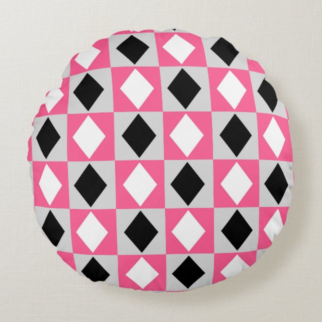 Rosa Black White Geometric Rhombus Diamond Rund Kudde (Framsidan)