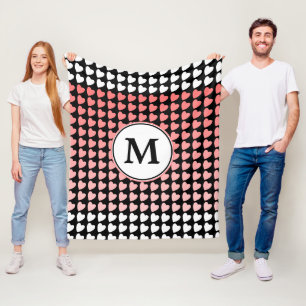 Rosa Black White Heart Mönster Monogram Fleecefilt