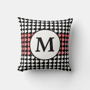 Rosa Black White Heart Mönster Monogram Kudde