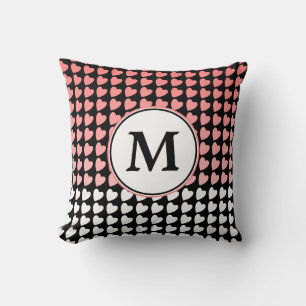 Rosa Black White Heart Mönster Monogram Kudde