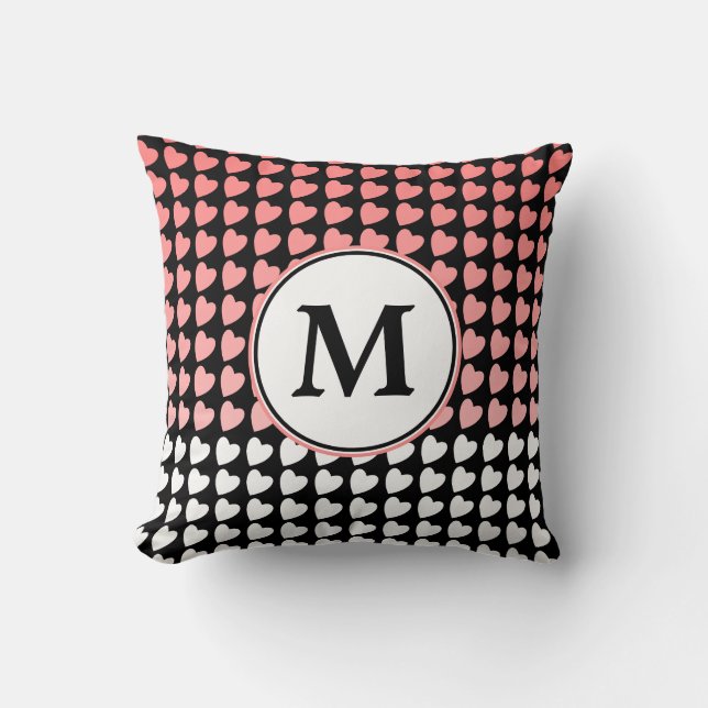 Rosa Black White Heart Mönster Monogram Kudde (Framsida)