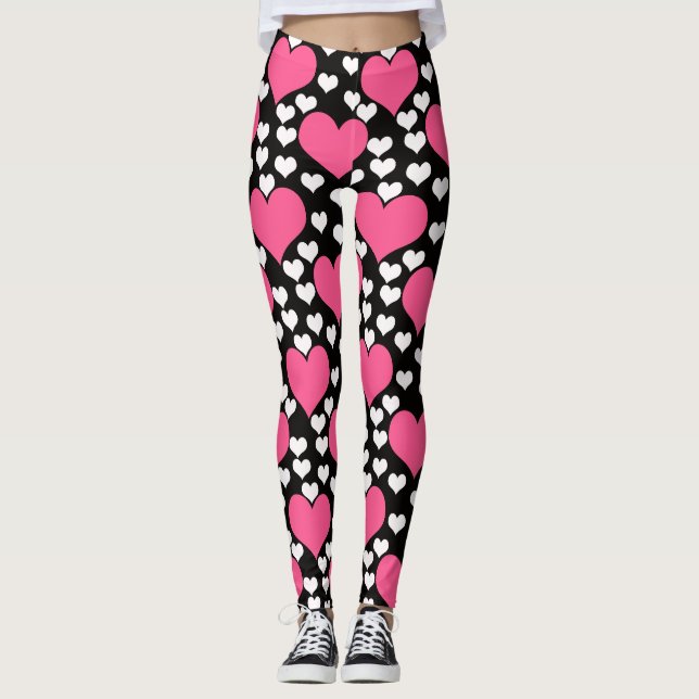 Rosa Black White Kärlek Hearts Mönster Design Leggings (Framsida)