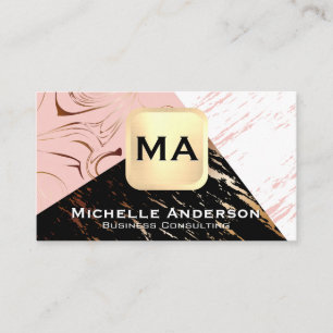 Rosa Black White Marble Monogram Visitkort