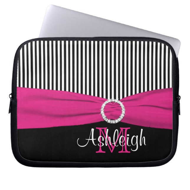 Rosa Black White med FAUX Ribbon Laptop sleeve (Framsidan)