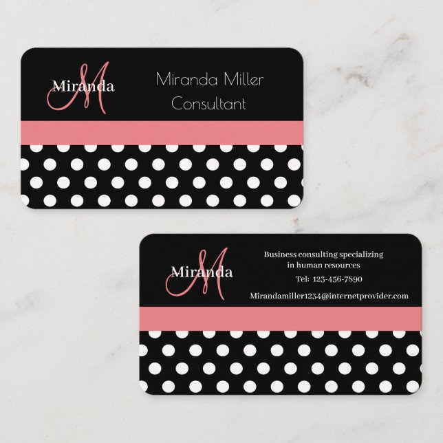 Rosa Black White Polka Dot Monogram Affärskort Visitkort (Fram/baksida)