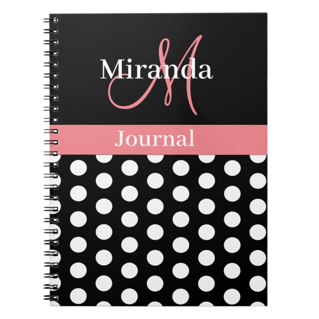 Rosa Black White Polka Dot Monogram Anteckningsbok (Framsidan)