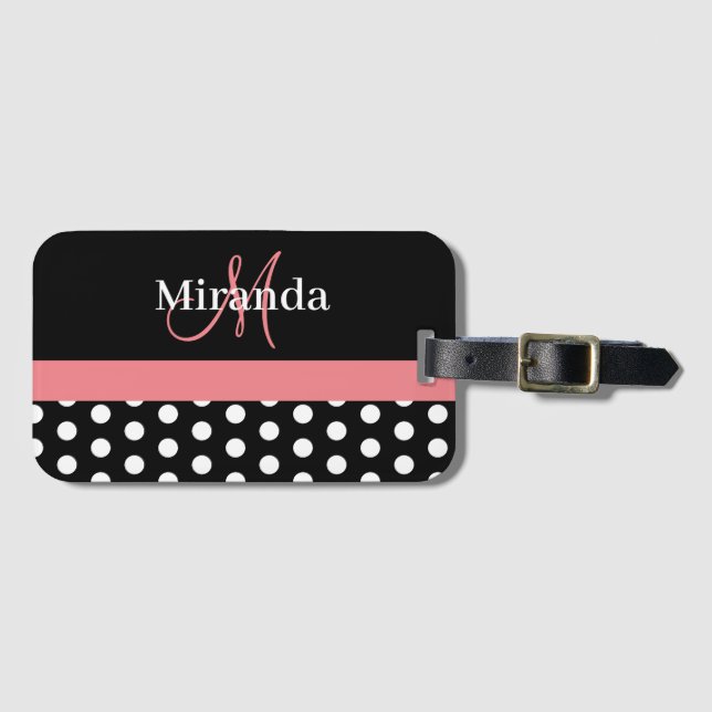 Rosa Black White Polka Dot Monogram Bagagebricka (Framsida horisontal)