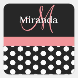 Rosa Black White Polka Dot Monogram Fyrkantigt Klistermärke