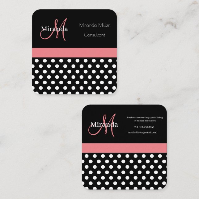 Rosa Black White Polka Dot Monogram Fyrkantigt Visitkort (Fram/baksida)