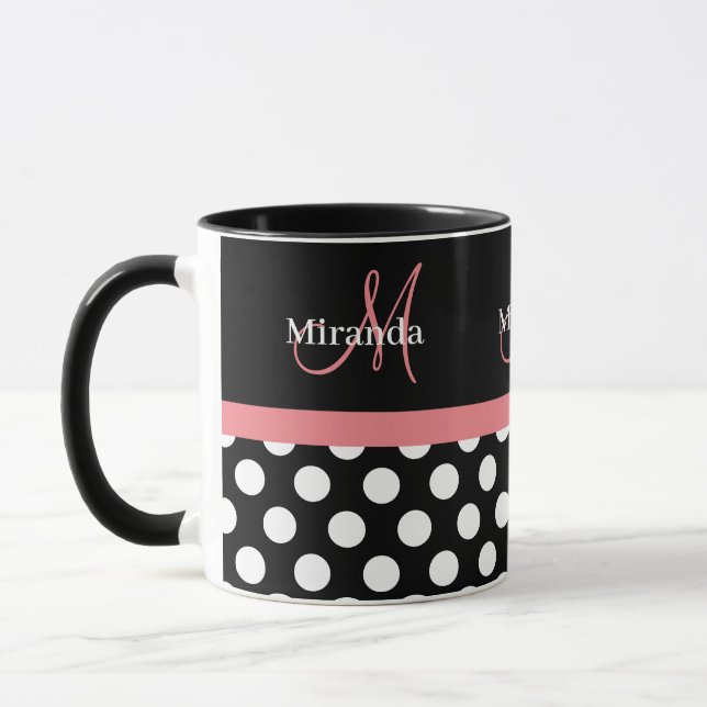 Rosa Black White Polka Dot Monogram kaffe Mugg (Vänster)