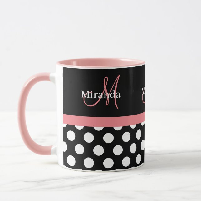 Rosa Black White Polka Dot Monogram kaffe Mugg (Vänster)