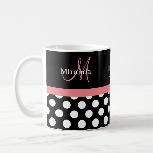Rosa Black White Polka Dot Monogram Kaffemugg (Vänster)