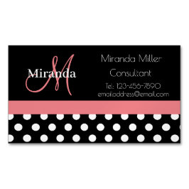 Rosa Black White Polka Dot Monogram Magnetiska Visitkort