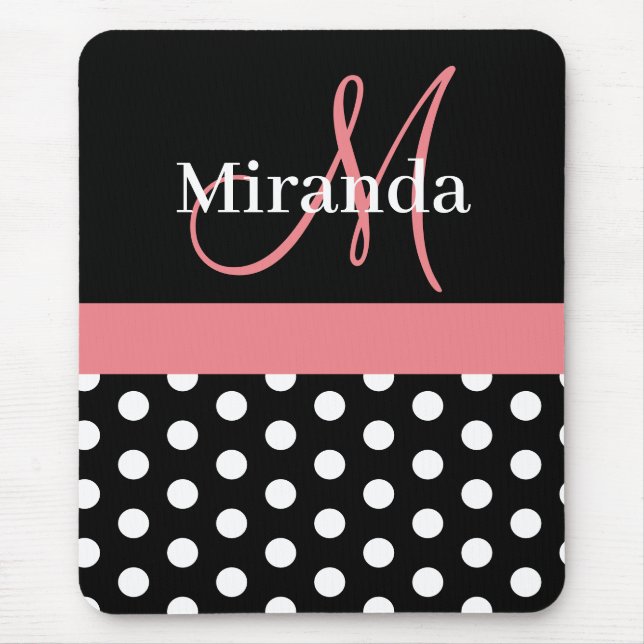 Rosa Black White Polka Dot Monogram Mouse Pad Musmatta (Framsidan)