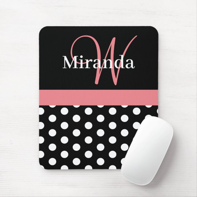 Rosa Black White Polka Dot Monogram Musmatta (Med mus)