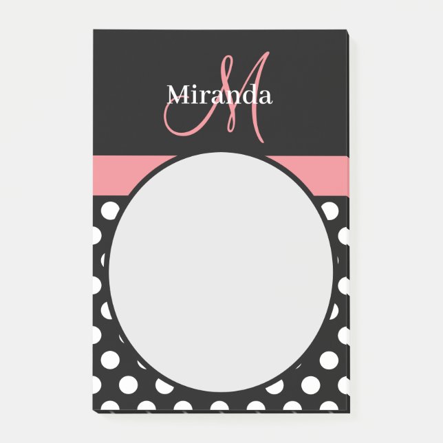 Rosa Black White Polka Dot Monogram Post-it Notes (Framsida)