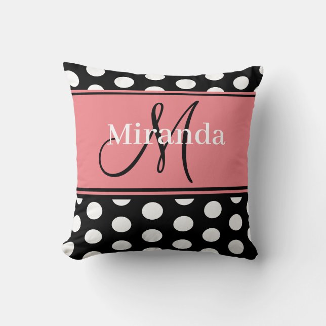 Rosa Black White Polka dots Monogram Kudde (Framsida)